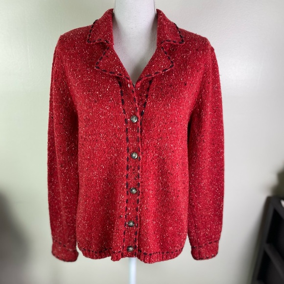 Crazy Horse women Sz L confetti knit buttoned cardigan sweater stitch detail red - Picture 1 of 10